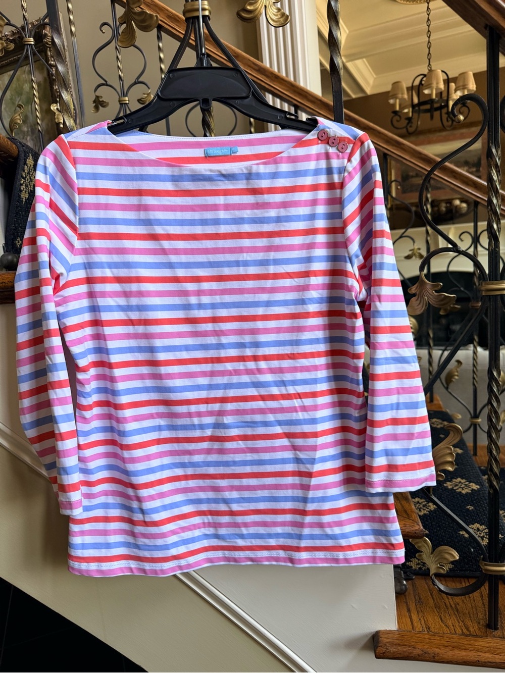J.McLaughlin Multi Color Striped Top. Decorative buttons on shoulder. M EUC